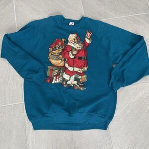 Vintage Teal Green Santa Clause Christmas Sweater XL